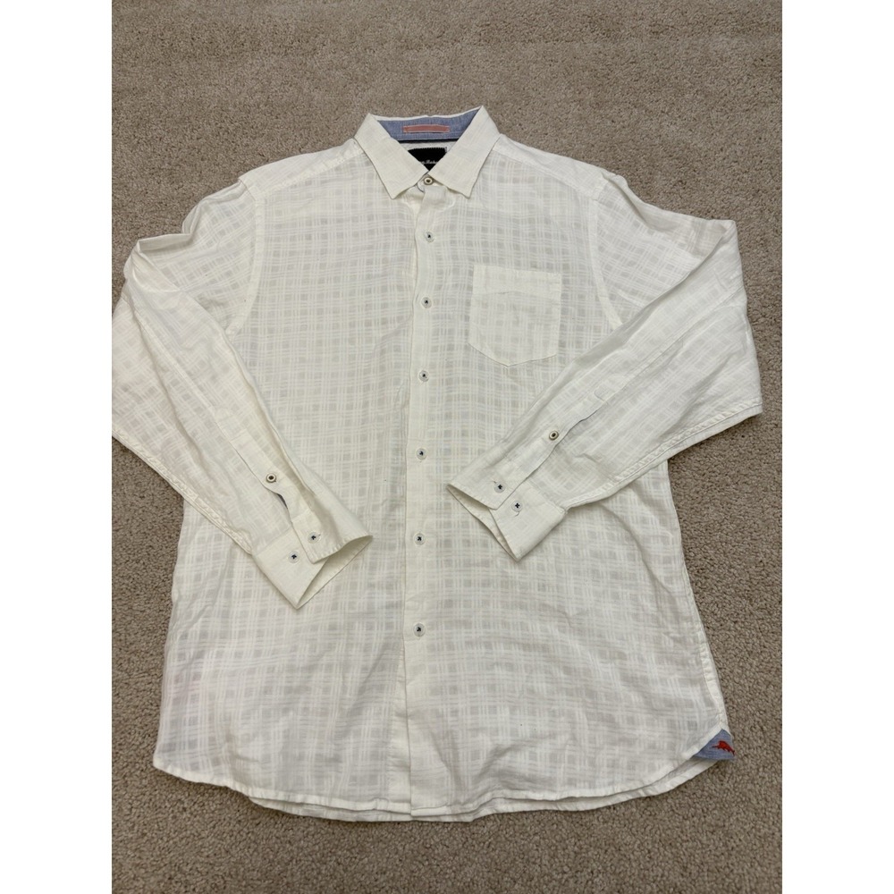 Men's Tommy Bahama Linen Blend White Patterned Button Down Shirt Long Sleeve S